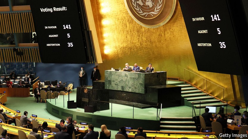 NEW YORK, NEW YORK - MARCH 02: People clap as the results of a General Assembly vote on a resolution is shown on a screen during a special session of the General Assembly at the United Nations headquarters on March 02, 2022 in New York City. The U.N. General Assembly continued its 11th Emergency Special Session where a vote was held on a draft resolution to condemn Russia over the invasion of Ukraine. Since the start of the war seven days ago, there have been over 600,000 people who have been displaced in Ukraine according to the U.N. refugee agency. Ukraine’s State Emergency Service have said that more than 2,000 civilians have been killed. (Photo by Michael M. Santiago/Getty Images)