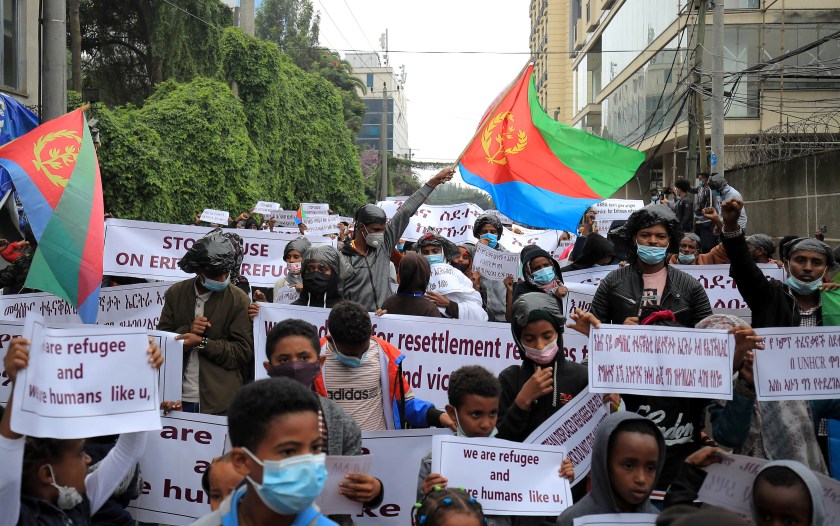 Eritrean Refugees protest in-front of the United Nations High Commissioner for Refugees (UNHCR) offices to condemn the attacks on the refugees in Hitsats and Shimelba camps during the fight between Ethiopia’s National Defence Force and Tigray People Liberation Front (TPLF) in Addis Ababa, Ethiopia July 29, 2021. REUTERS/Tiksa Negeri/File Photo