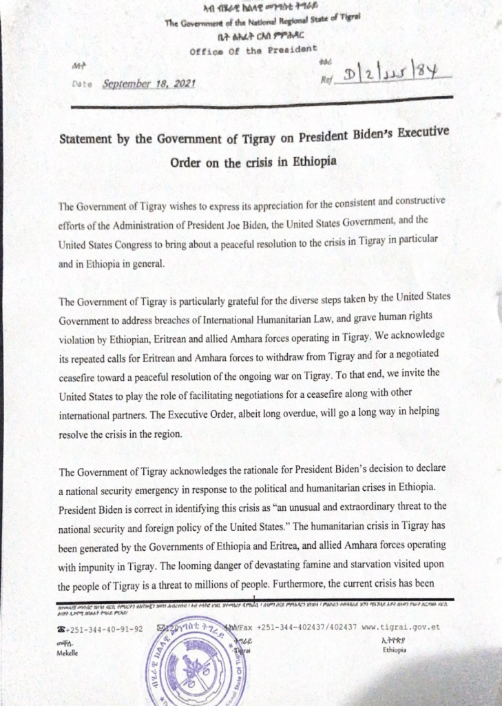 Tigray government statement 18 Sept 2021