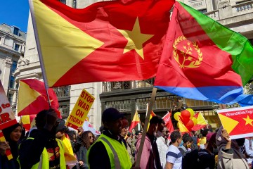 Flags of Tigray and Eritrea on Tigray at London Protest against the war