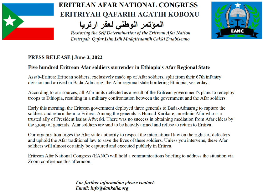 Eritrean Afar National Congress Press Release