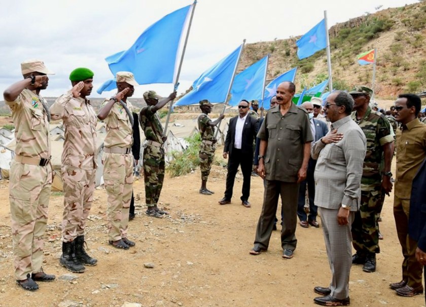 Somali President Hassan S. Mohamud reviews troops Eritrea 10 July 2022