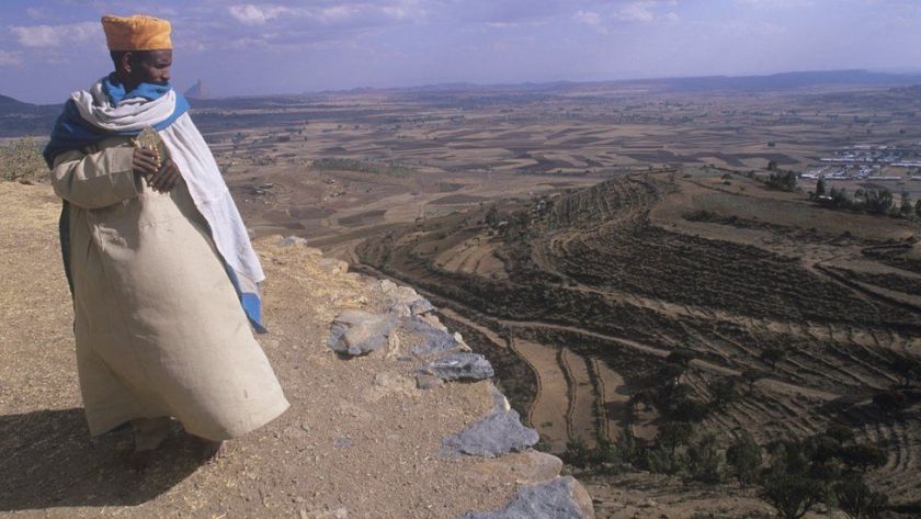 Aksum, monk overlooking Monastery of Abba Pantelewon, founded in 6th century