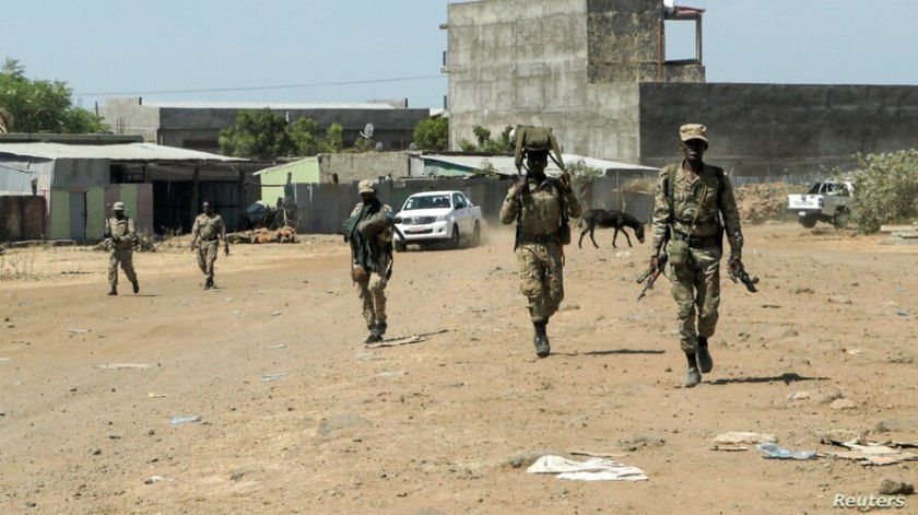 Members of the Amhara Special Force return to the Dansha Mechanized 5th division military base after fighting against the Tigray People's Liberation Front (TPLF), in Danasha, Amhara region, near a border with Tigray, Ethiopia, Nov. 9, 2020. 